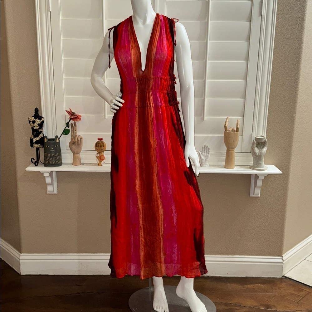 Zara Sleeveless V-Neck Beaded Appliques Tie-Dye Midi Dress